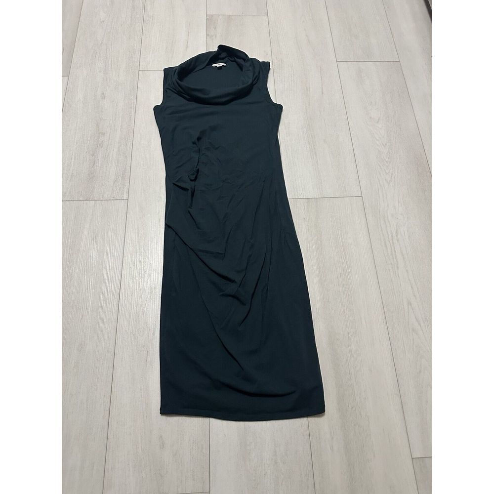 James Perse Dress Sz 3 Bodycon Cowl Neck Ruched Casual Midi Teal Green